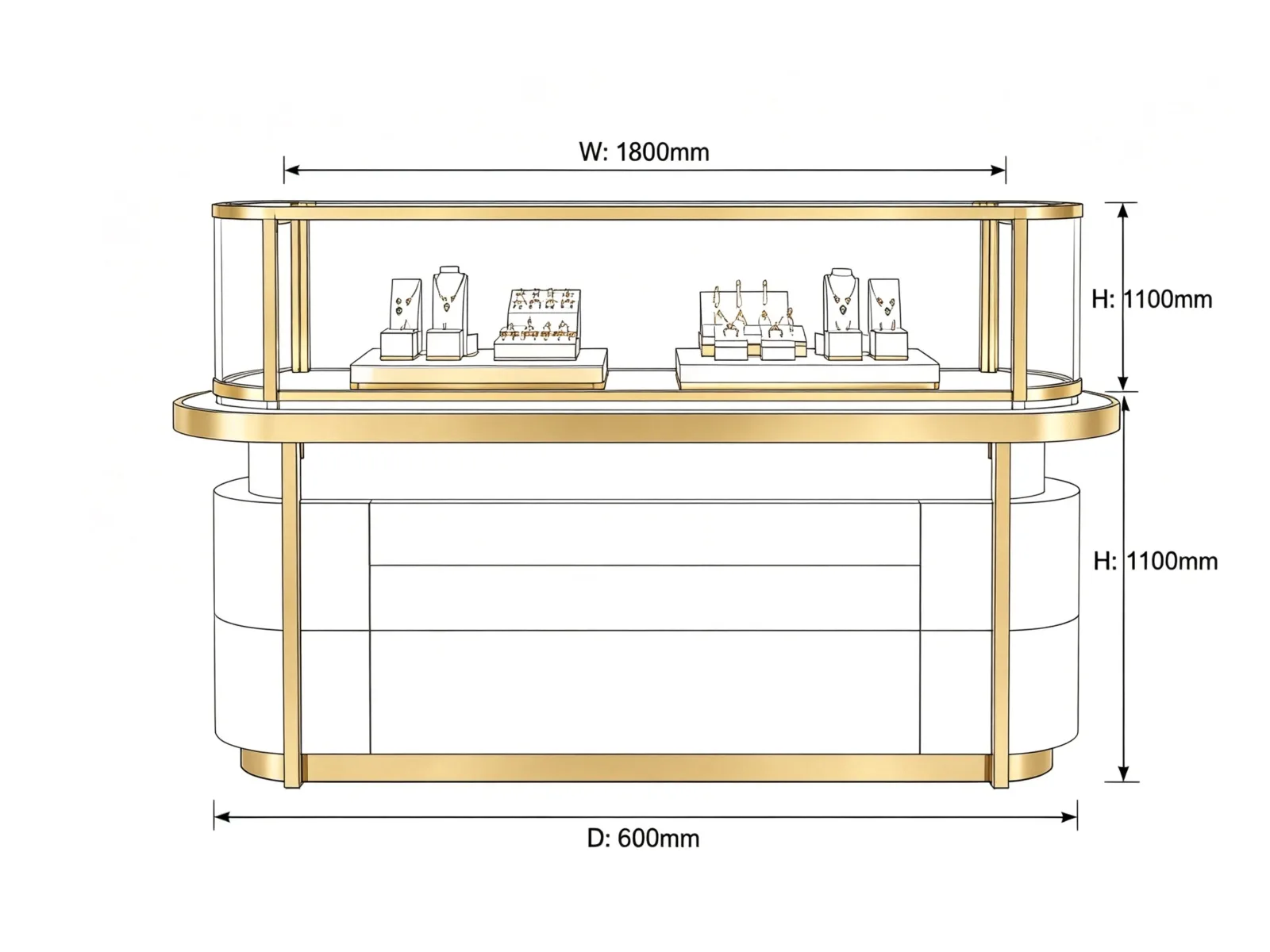 Curved Glass Jewelry Display Counter with Gold Brass Frame LED Lighting — product detail 1