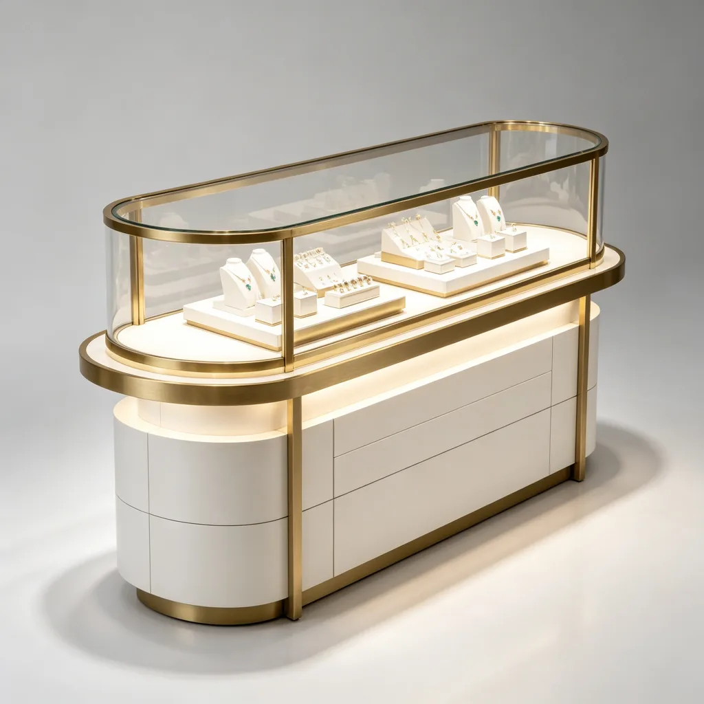Curved Glass Jewelry Display Counter with Gold Brass Frame LED Lighting — view 2