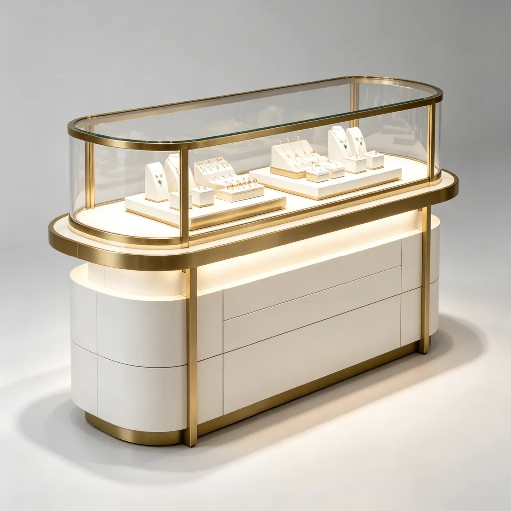 Curved Glass Jewelry Display Counter with Gold Brass Frame LED Lighting