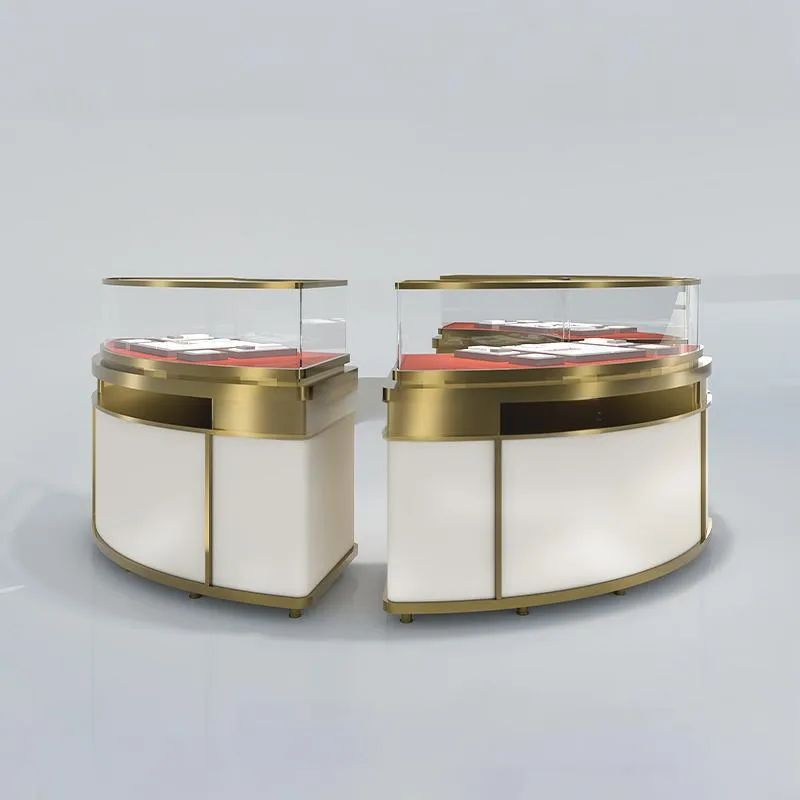 Curved Jewelry Display Counter For Shops | Champagne Gold Stainless Steel Frame Jewelry Showcase — view 4