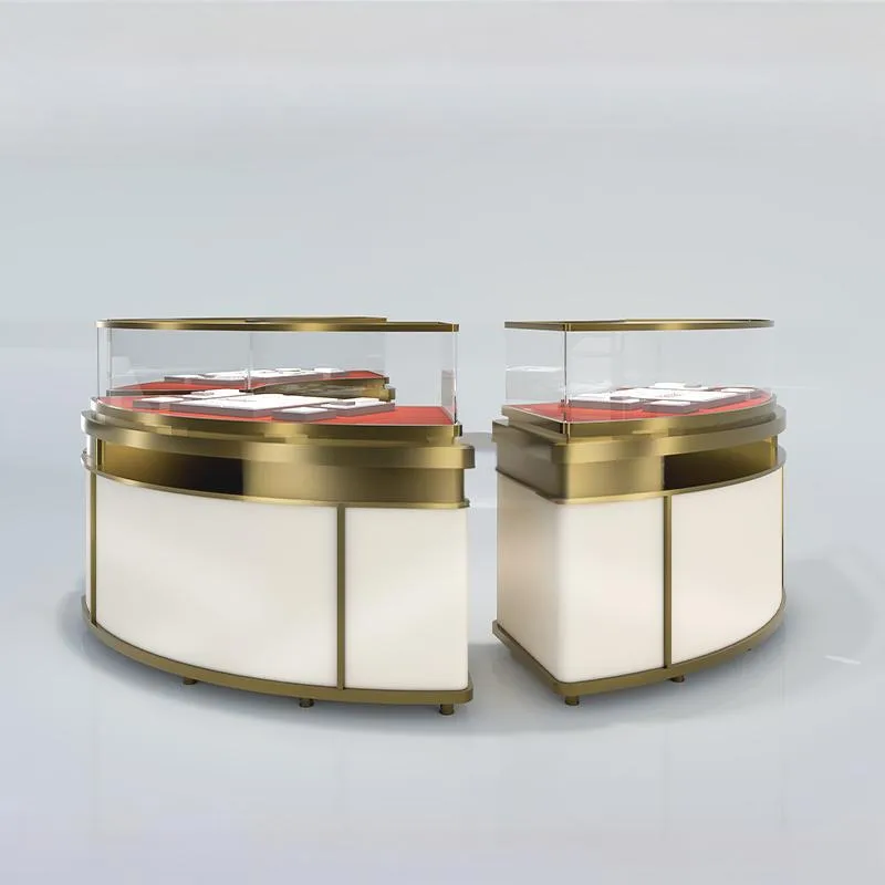 Curved Jewelry Display Counter For Shops | Champagne Gold Stainless Steel Frame Jewelry Showcase — view 3