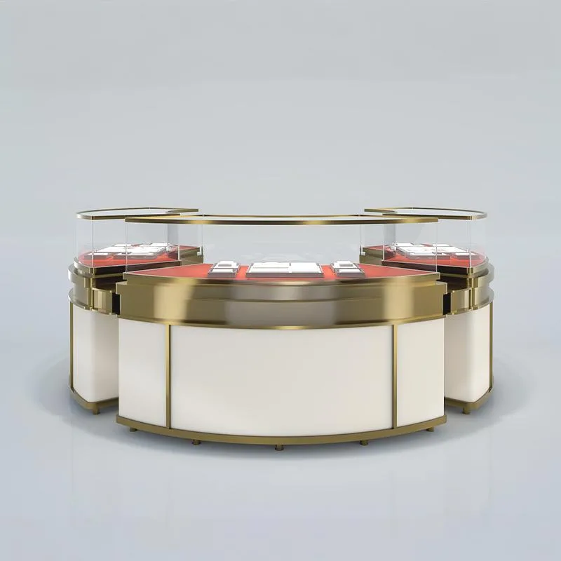 Curved Jewelry Display Counter For Shops | Champagne Gold Stainless Steel Frame Jewelry Showcase — view 5