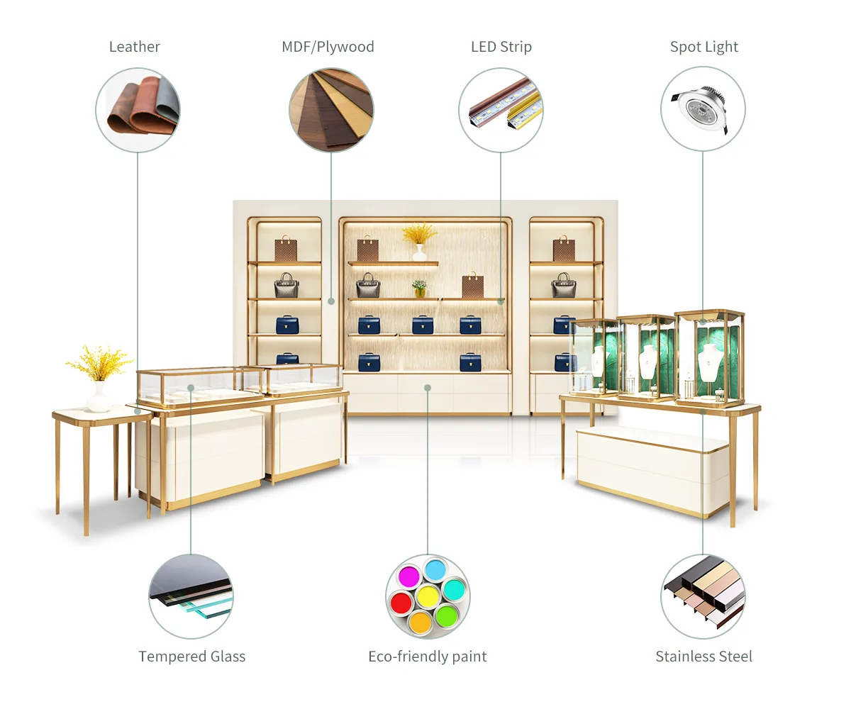 Curved Jewelry Display Counter For Shops | Champagne Gold Stainless Steel Frame Jewelry Showcase — product detail 2