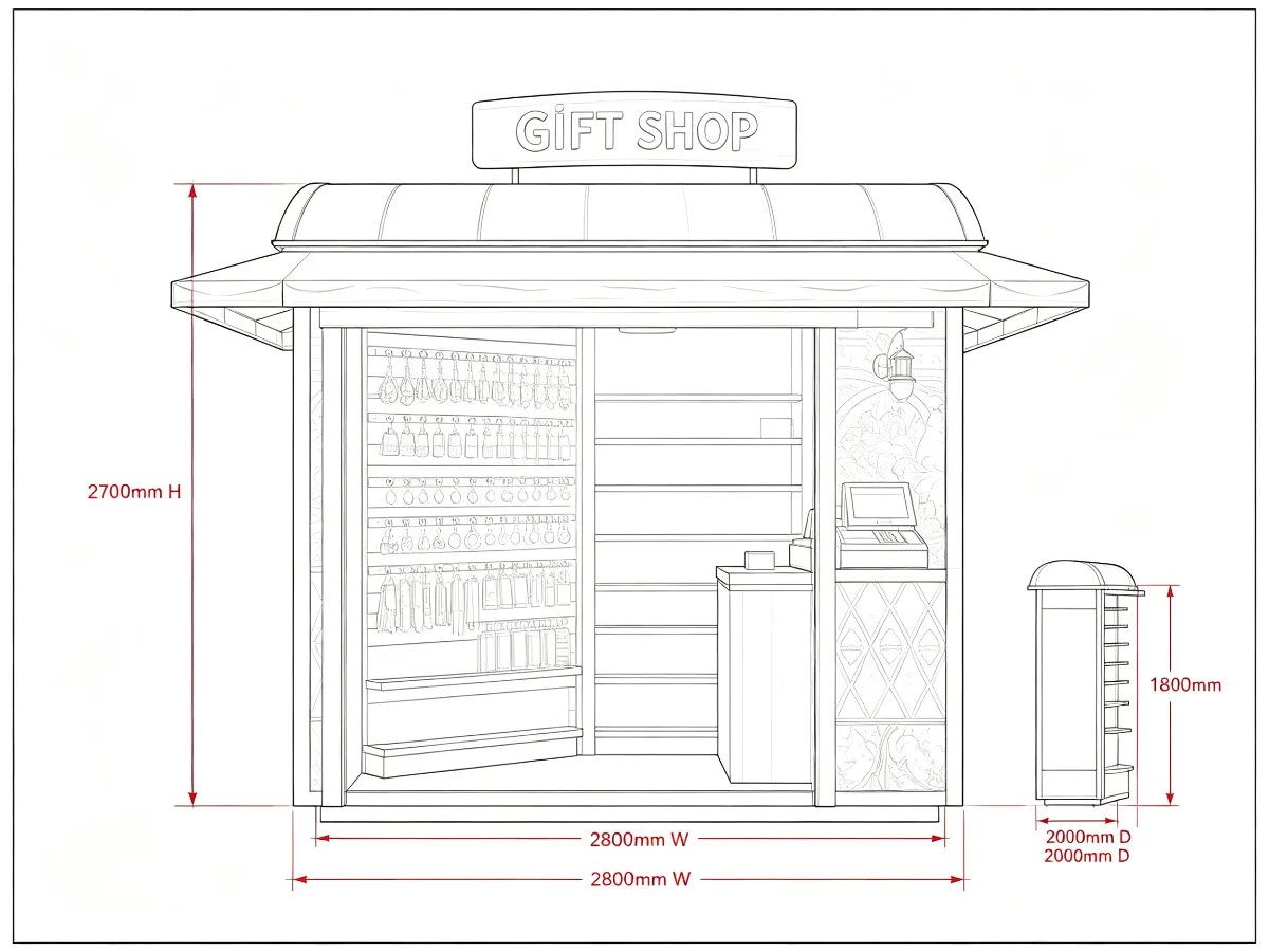 Curved Outdoor Gift Kiosk | 2.8m Green Awning Souvenir Retail Booth with Display Racks | Custom Design — view 5