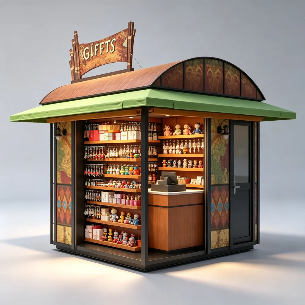 Curved Outdoor Gift Kiosk | 2.8m Green Awning Souvenir Retail Booth with Display Racks | Custom Design — view 3