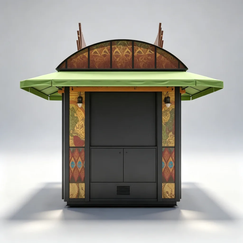 Curved Outdoor Gift Kiosk | 2.8m Green Awning Souvenir Retail Booth with Display Racks | Custom Design — view 4