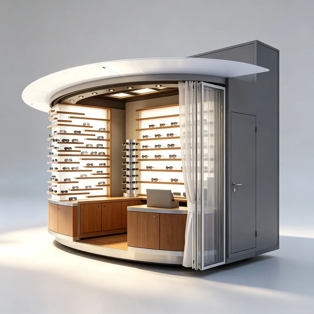 Curved Outdoor Sunglasses Kiosk | 3m White Frame Eyewear Retail Booth with Rotating Display Stand | Custom Design — view 3