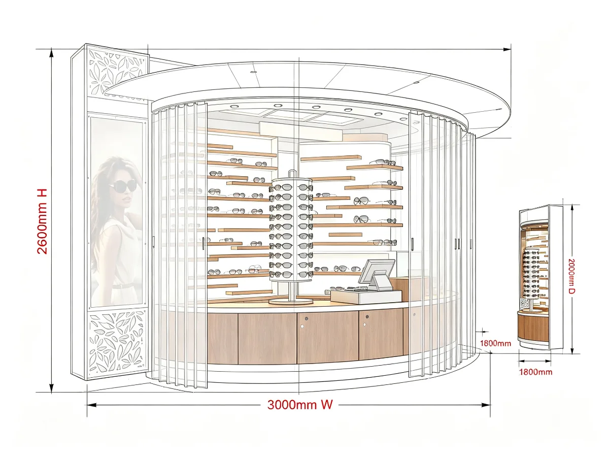 Curved Outdoor Sunglasses Kiosk | 3m White Frame Eyewear Retail Booth with Rotating Display Stand | Custom Design — view 5