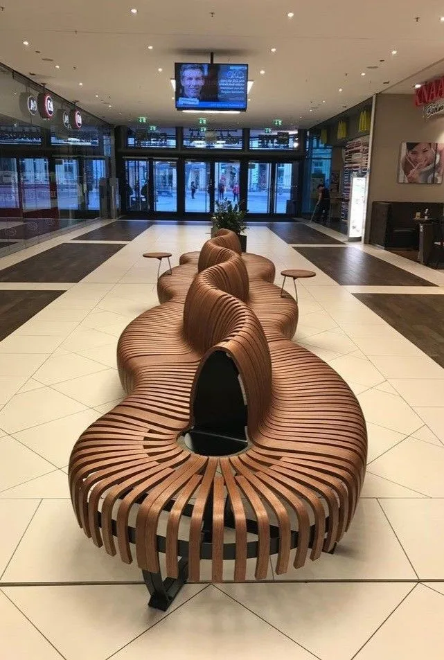 Curved Slatted Wood FRP Mall Bench with Side Table for Commercial Public Space — view 3