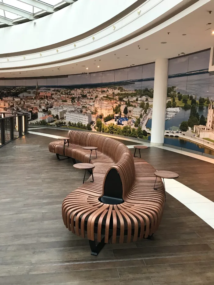 Curved Slatted Wood FRP Mall Bench with Side Table for Commercial Public Space — view 4