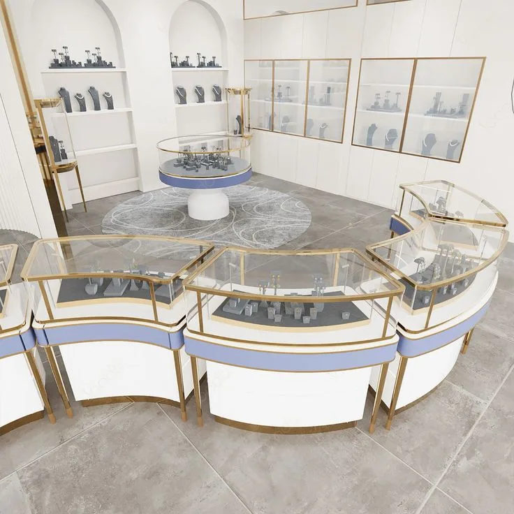 Curved Solid Wood Jewelry Display Cabinet Full Set for Light Luxury Jewelry Shop — view 3