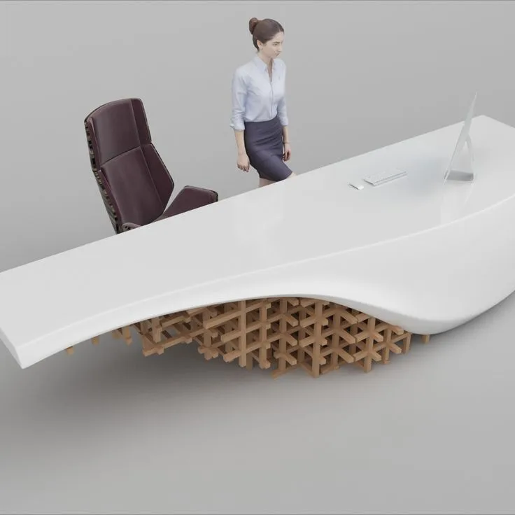 Curved White FRP Reception Desk with Wooden Grid Base for Modern Office Lobby — view 3