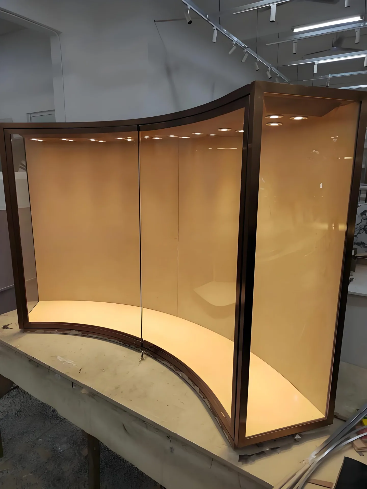 Curved Wooden Glass Display Cabinet with Embedded Top LED Spotlights and Base Strip Light — view 5