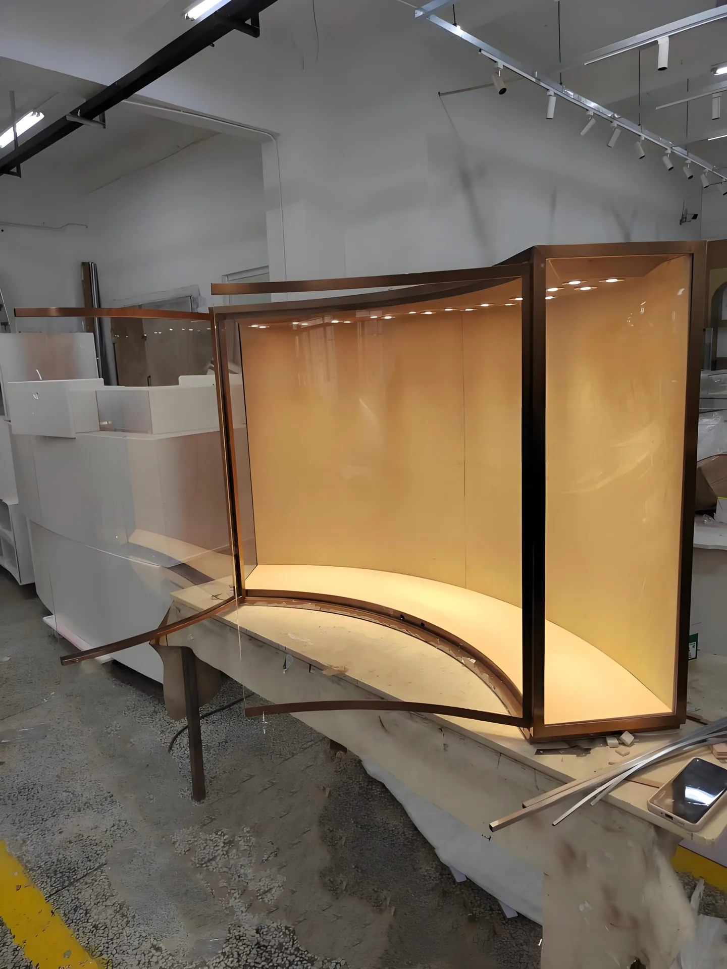 Curved Wooden Glass Display Cabinet with Embedded Top LED Spotlights and Base Strip Light — view 6
