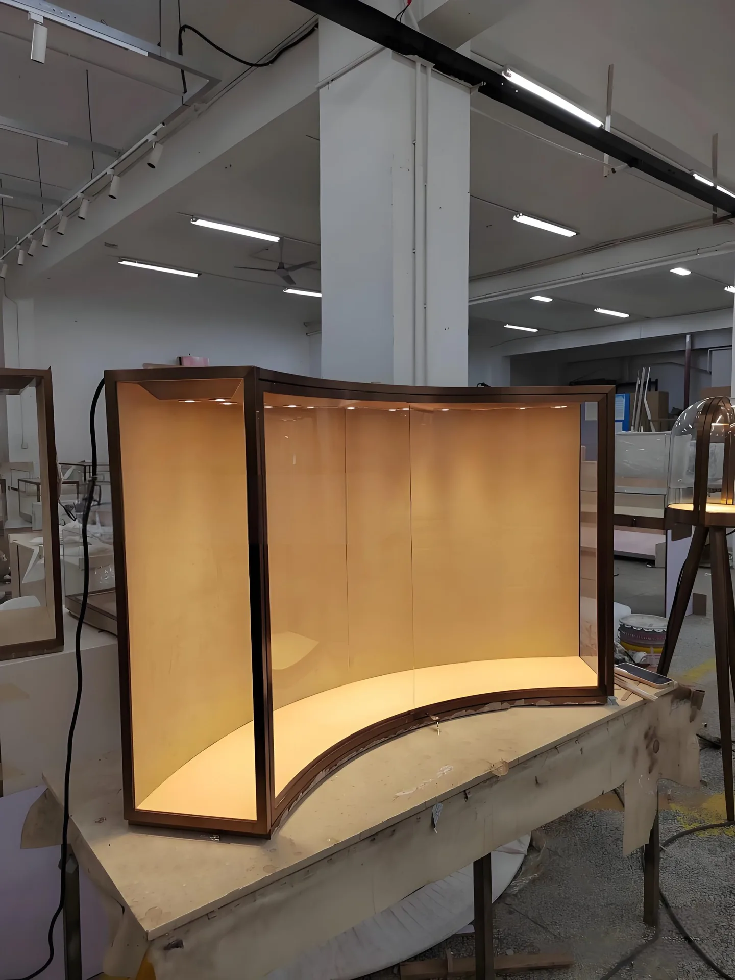 Curved Wooden Glass Display Cabinet with Embedded Top LED Spotlights and Base Strip Light — view 4