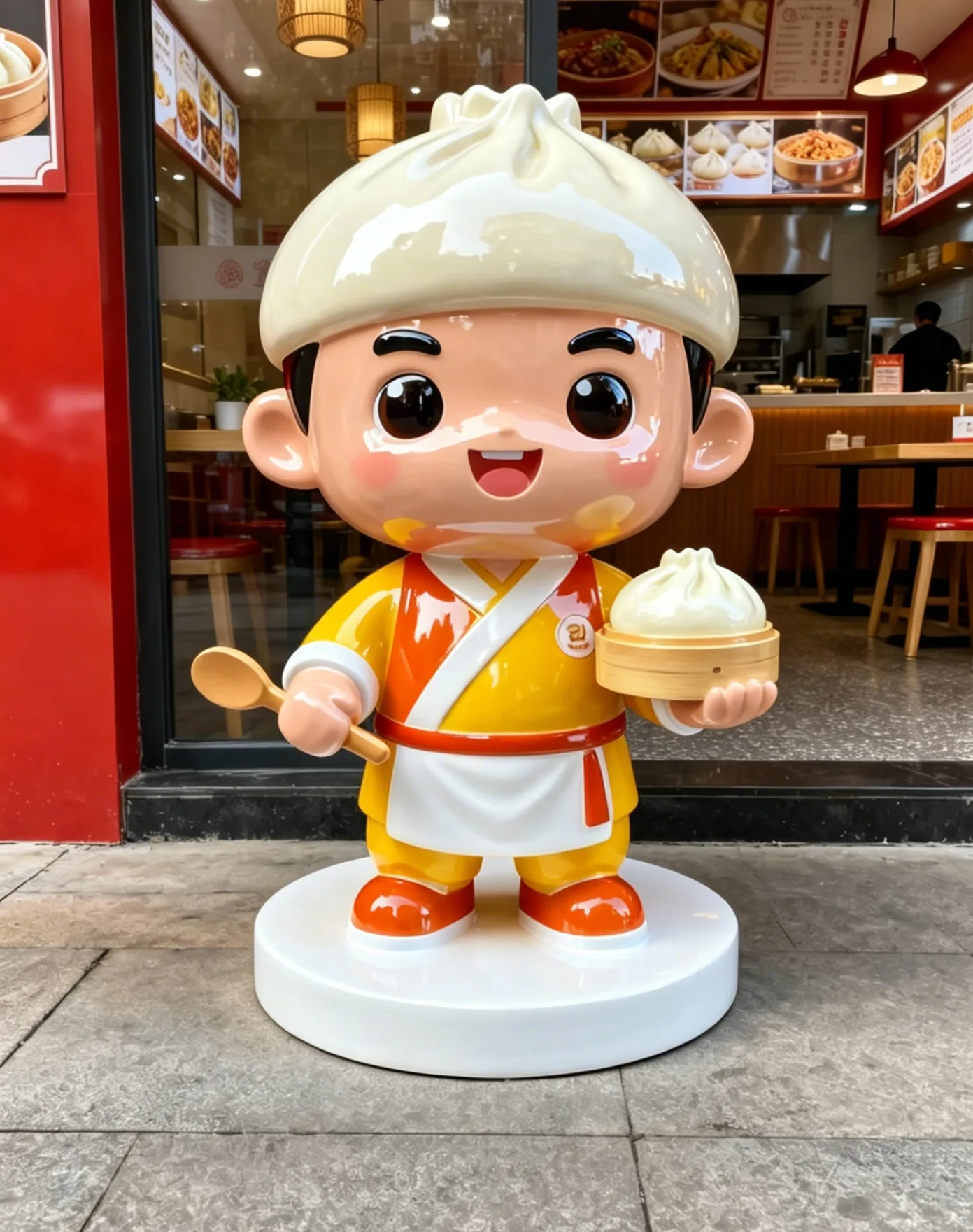 Custom Baozi Head Chef Mascot Fiberglass Statue Series For Breakfast Shop Front — view 2