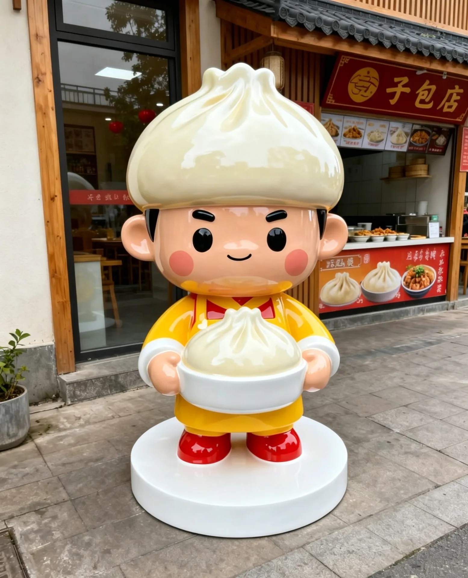 Custom Baozi Head Chef Mascot Fiberglass Statue Series For Breakfast Shop Front — view 3