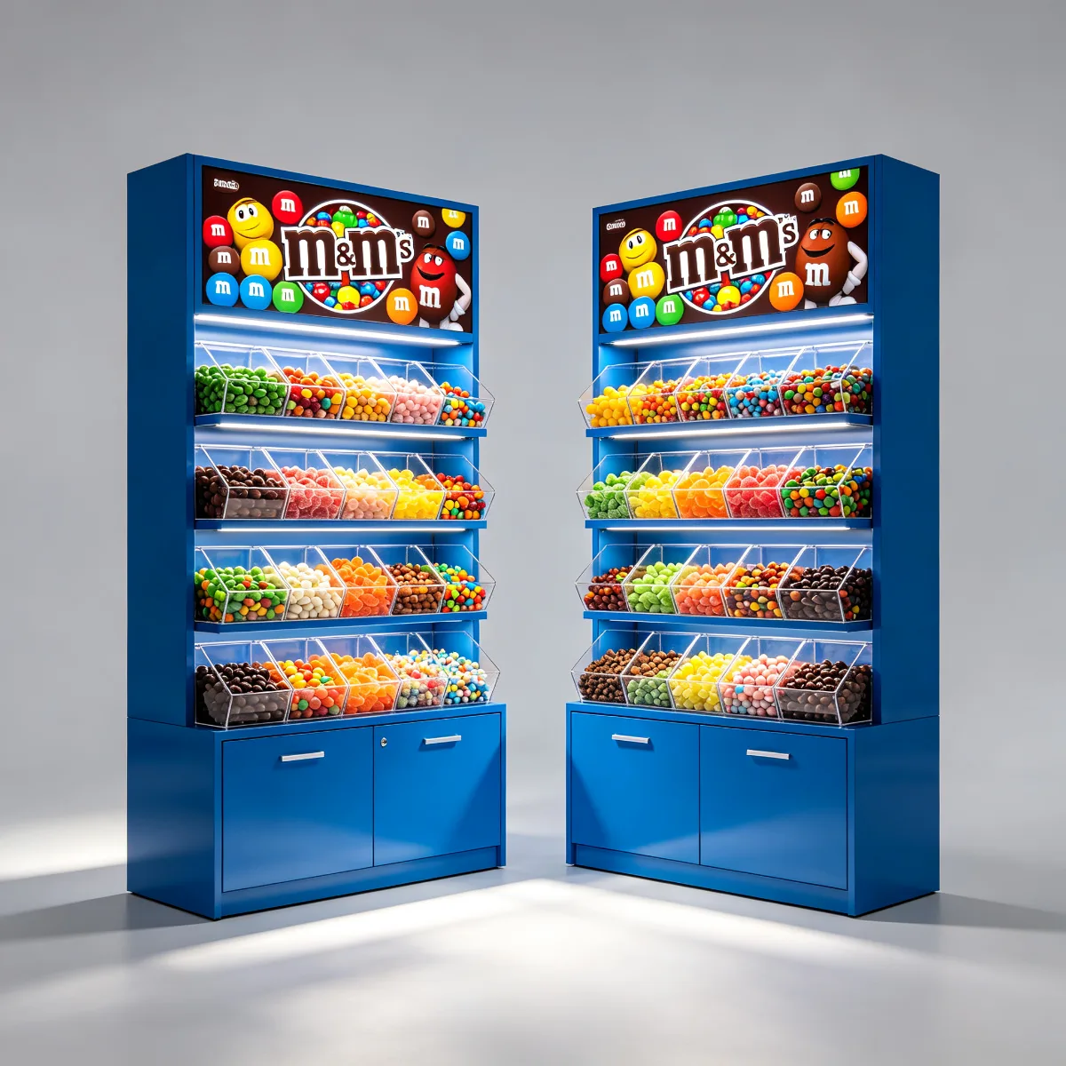 Custom Blue Bulk Candy Wall Display Cabinet for Retail Confectionery Business