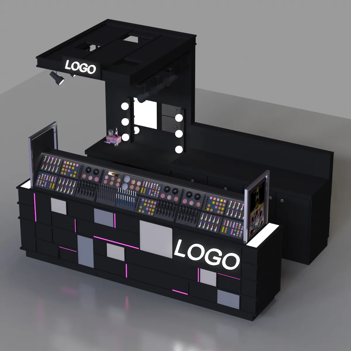 Custom Cosmetic Display Kiosk With Neon Accents & Vanity Mirrors — view 3