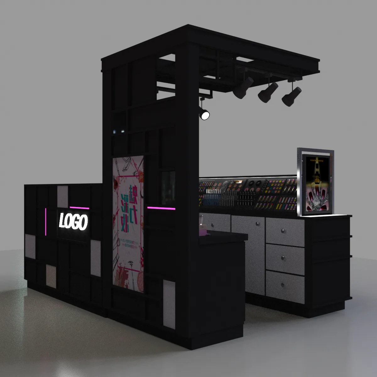 Custom Cosmetic Display Kiosk With Neon Accents & Vanity Mirrors — view 4