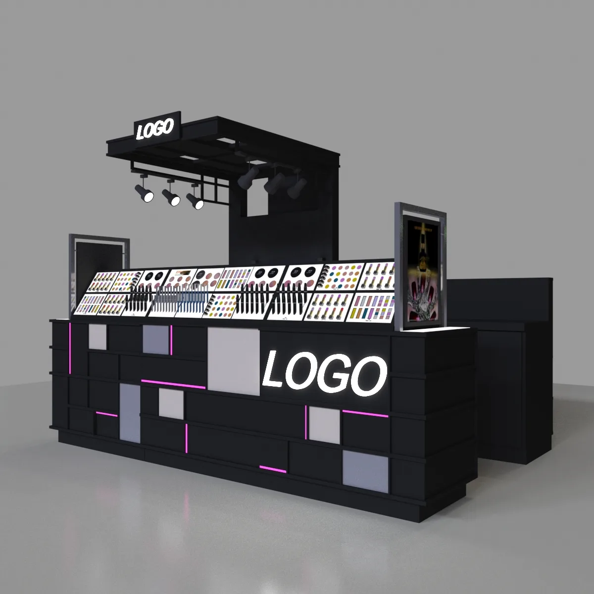 Custom Cosmetic Display Kiosk With Neon Accents & Vanity Mirrors