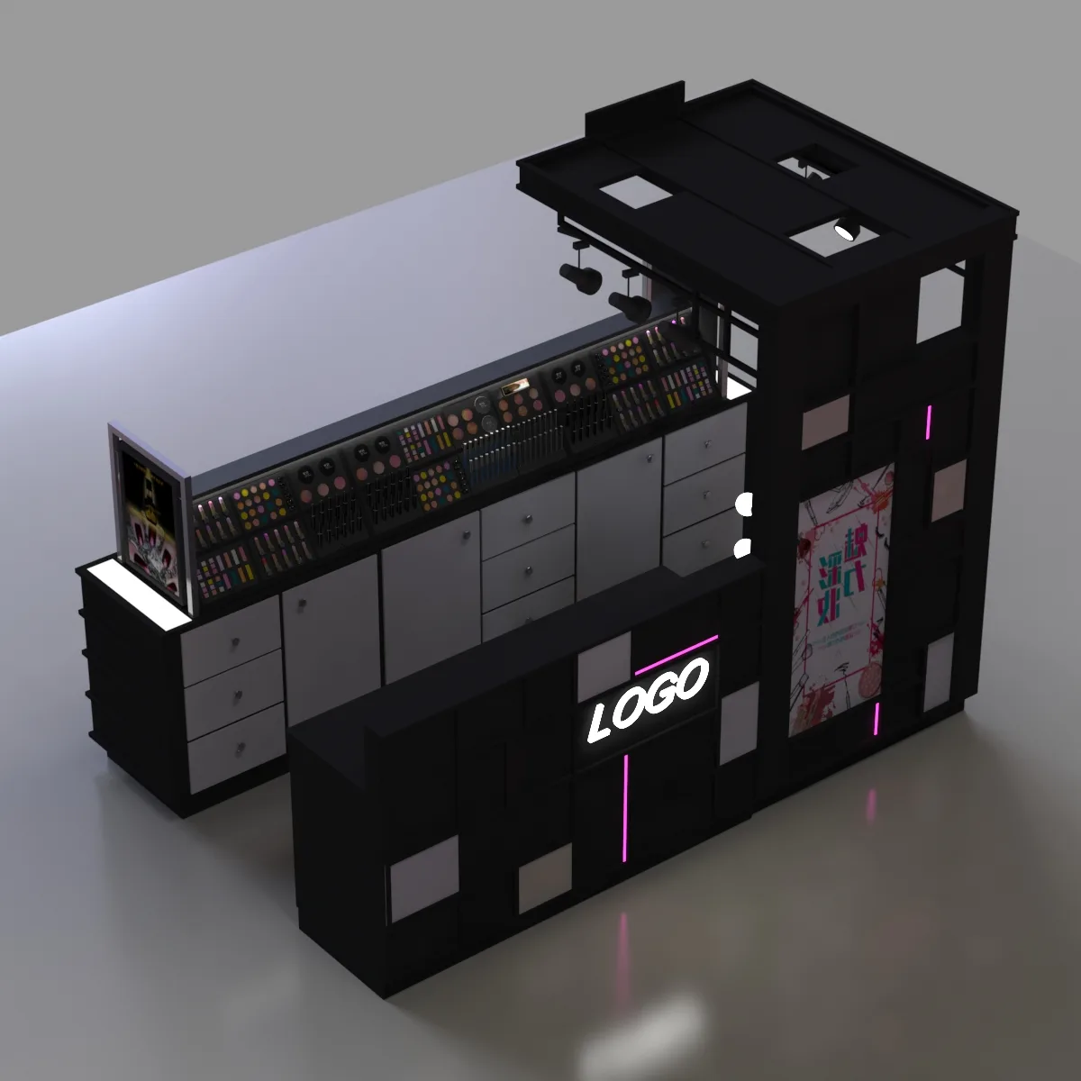 Custom Cosmetic Display Kiosk With Neon Accents & Vanity Mirrors — view 2