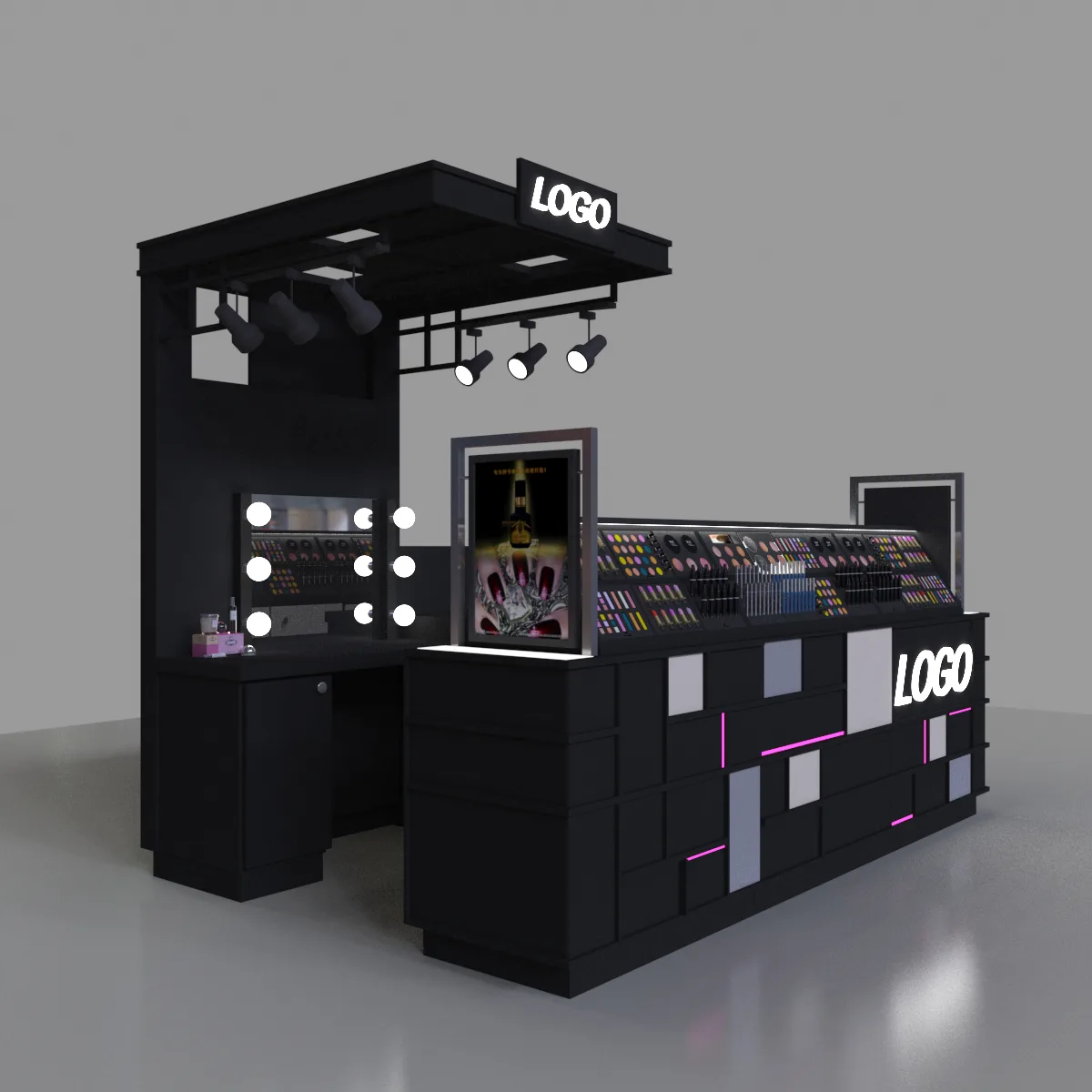 Custom Cosmetic Display Kiosk With Neon Accents & Vanity Mirrors — view 5