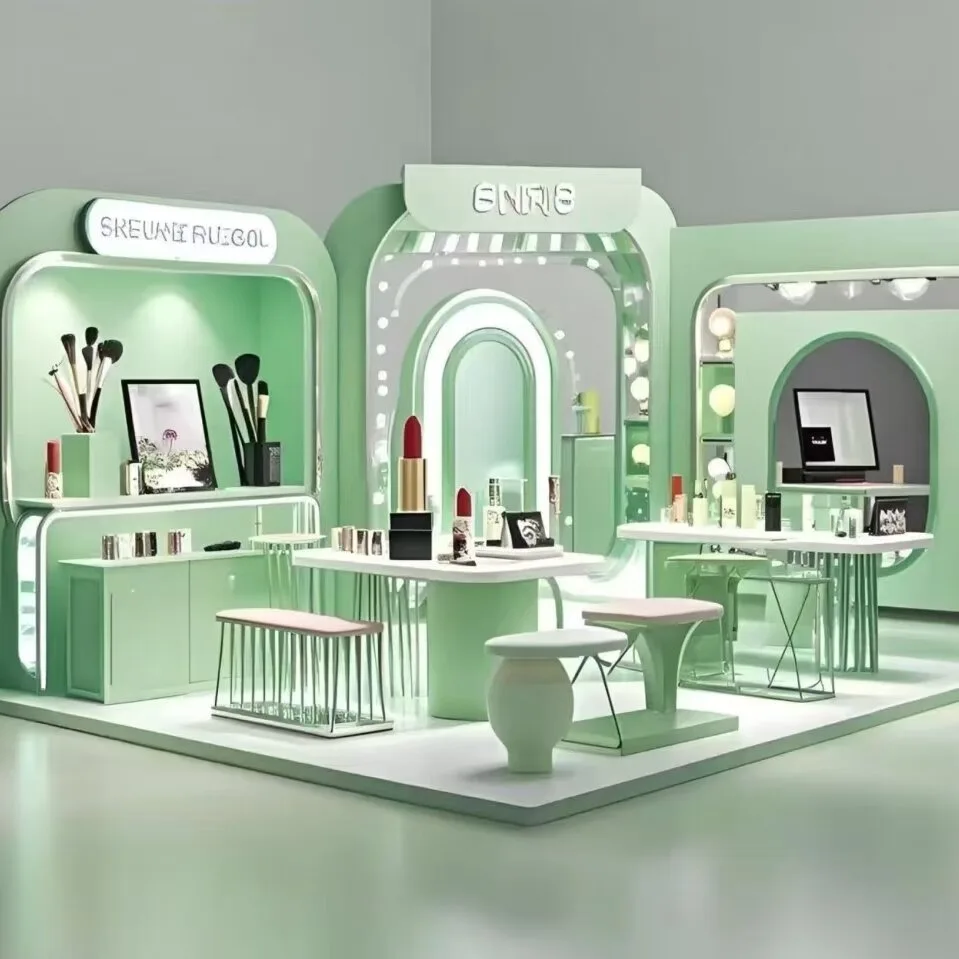 Custom Cosmetics Kiosk Mint Green Beauty Booth with LED Mirrors — view 3