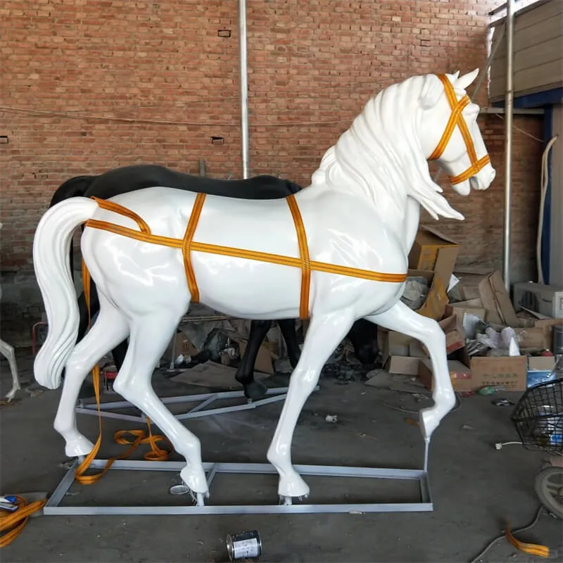Custom European White Horse Fiberglass Sculpture With Pumpkin Carriage Mall Wedding Scenic Viral Photo Large White Horse Sculpture — view 3