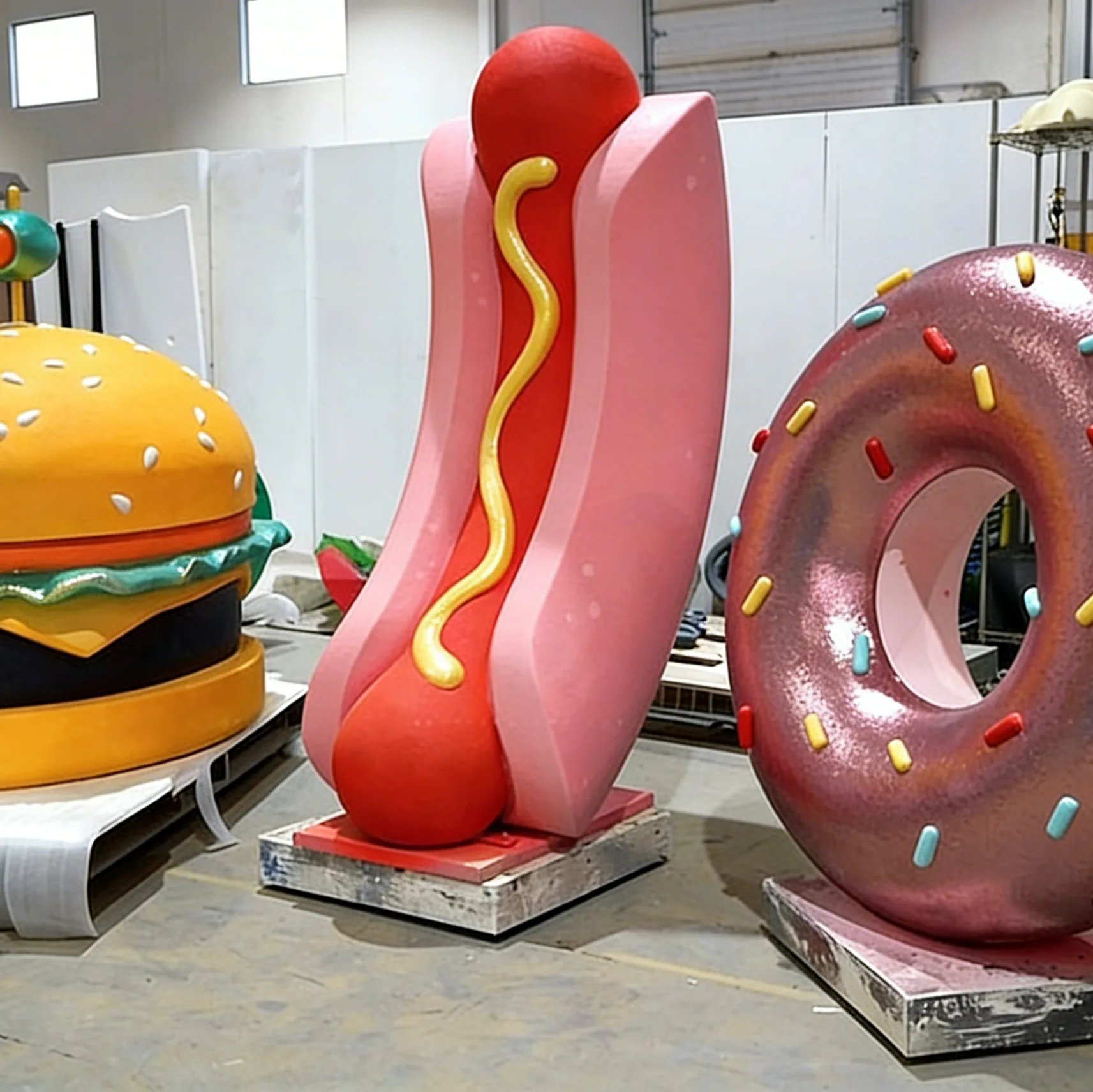 Custom Fiberglass Food Sculpture for Sale, Giant Burger Hot Dog Donut Statues for Commercial Display