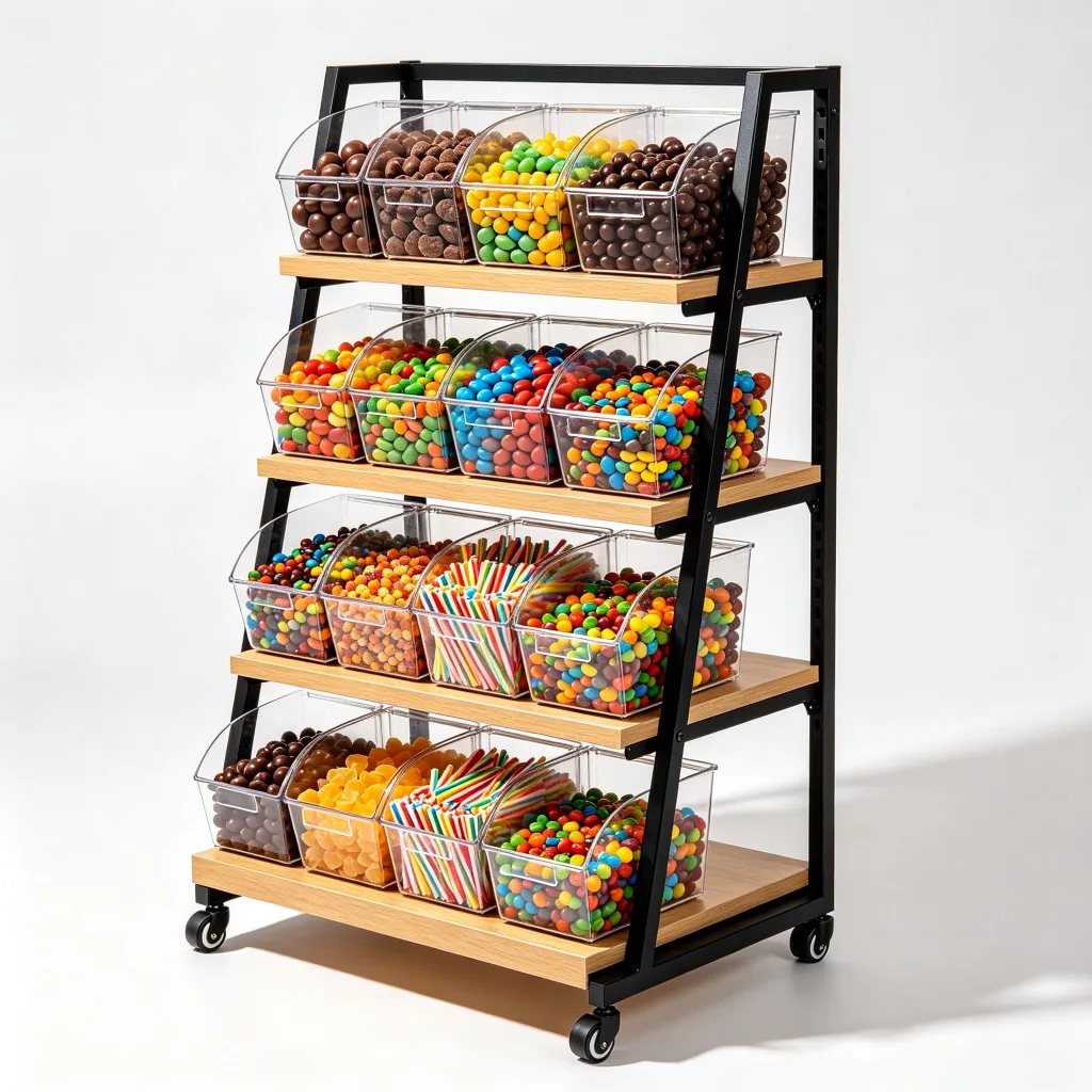 Custom Floor-Standing Candy Display Rack Metal Wood Shelves Acrylic Bins Portable — view 2