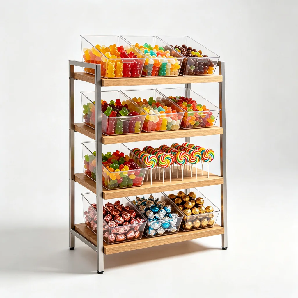 Custom Floor-Standing Candy Display Rack Metal Wood Shelves Acrylic Bins Portable
