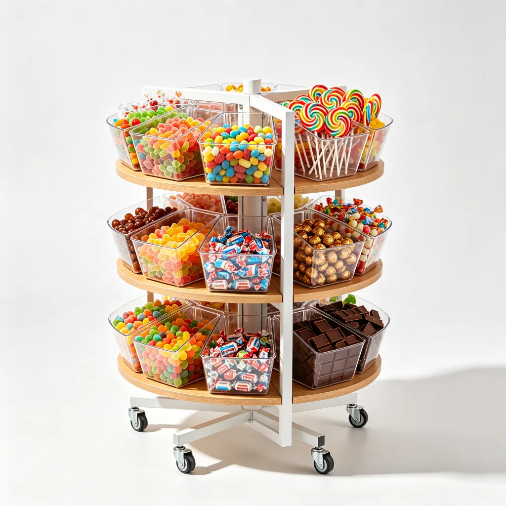 Custom Floor-Standing Candy Display Rack Metal Wood Shelves Acrylic Bins Portable — view 4