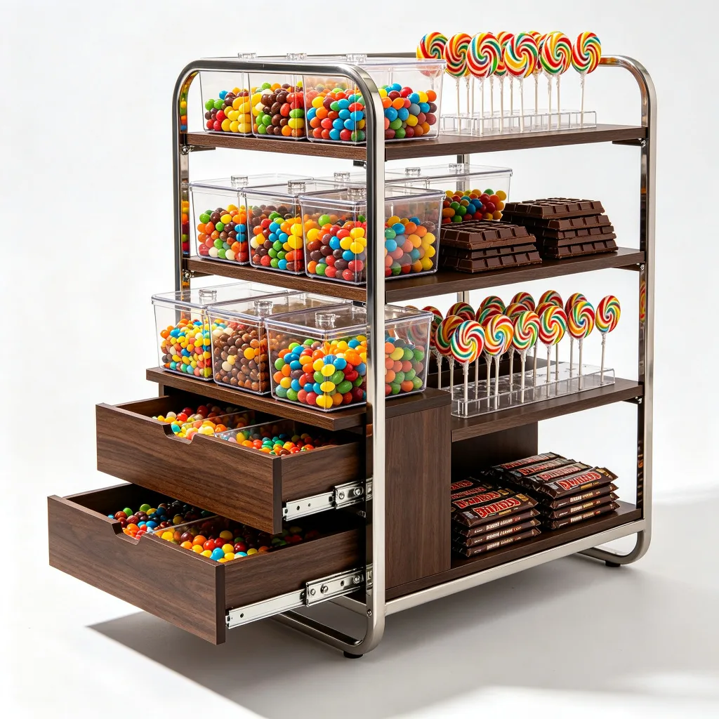 Custom Floor-Standing Candy Display Rack Metal Wood Shelves Acrylic Bins Portable — view 3
