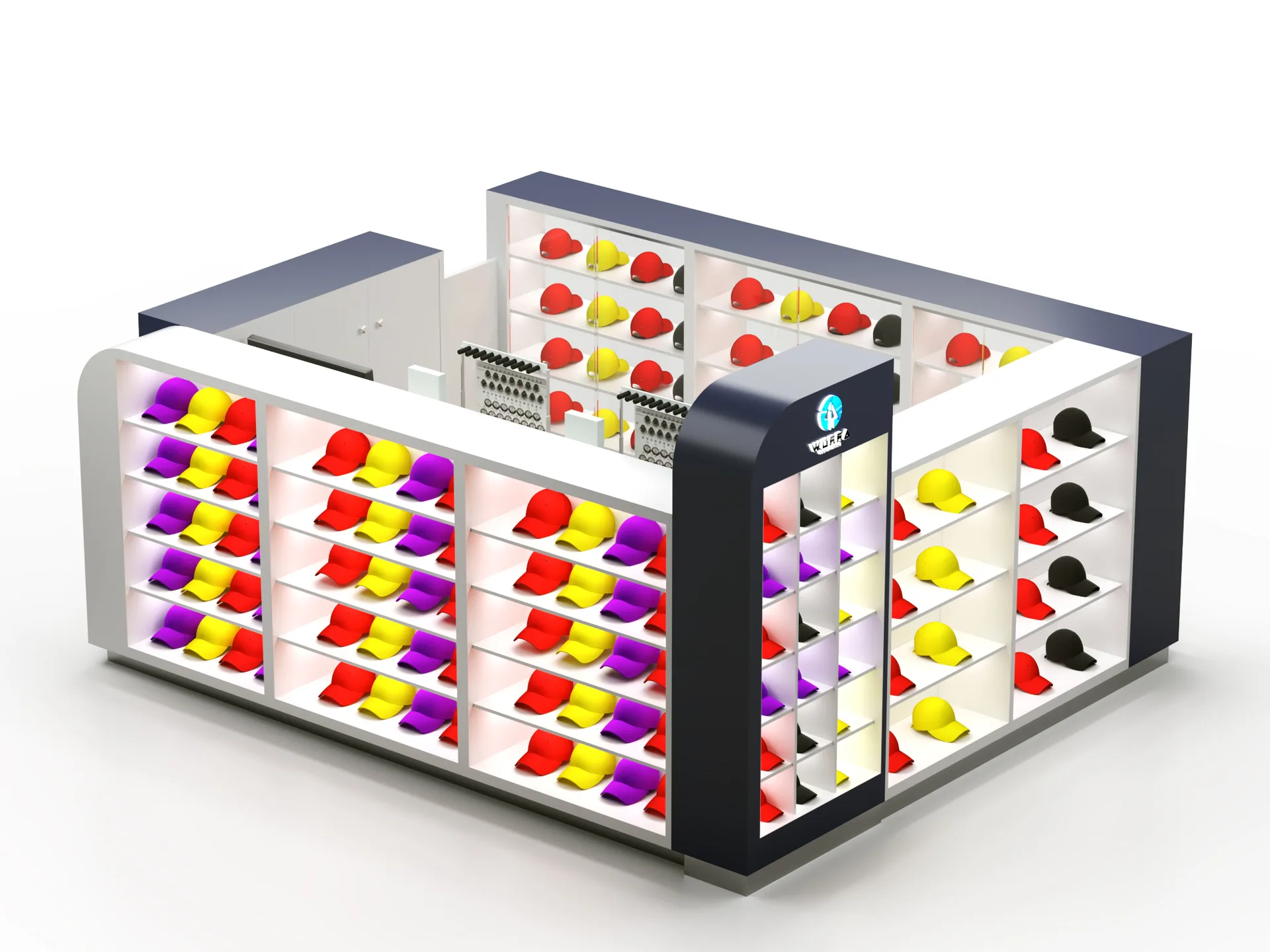 Custom Hat Kiosk – Compact, Strong, LED, Metal, Wood, Glass, Multi-Level, Adjustable, Storage, Embroidery Ready — view 3