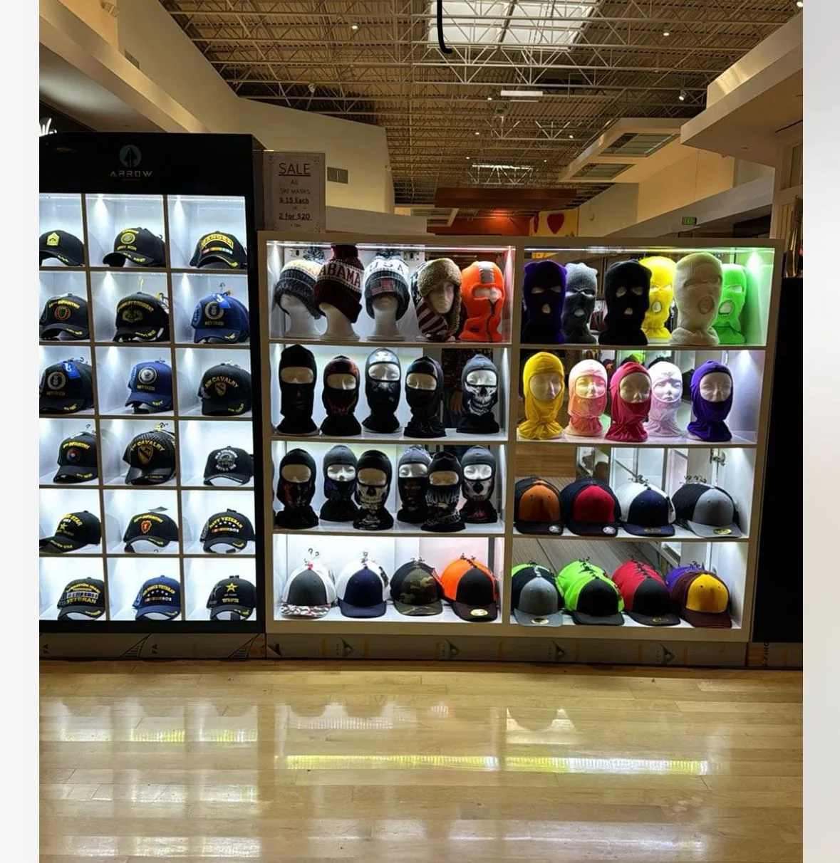Custom Hat Kiosk – Compact, Strong, LED, Metal, Wood, Glass, Multi-Level, Adjustable, Storage, Embroidery Ready — view 5
