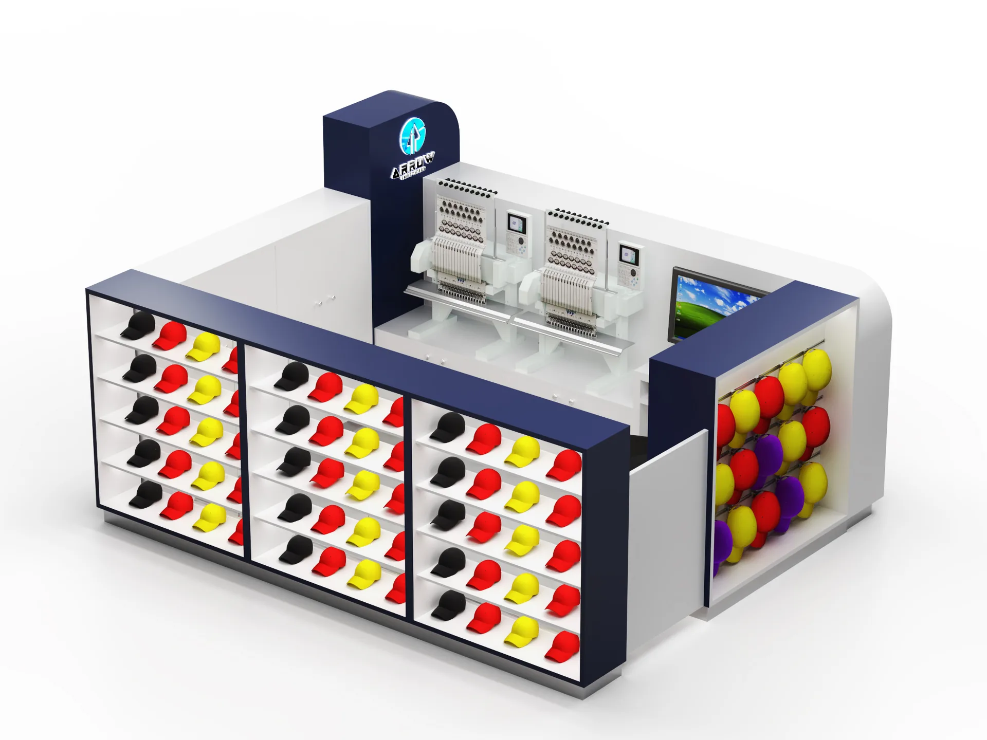 Custom Hat Kiosk – Compact, Strong, LED, Metal, Wood, Glass, Multi-Level, Adjustable, Storage, Embroidery Ready — view 4