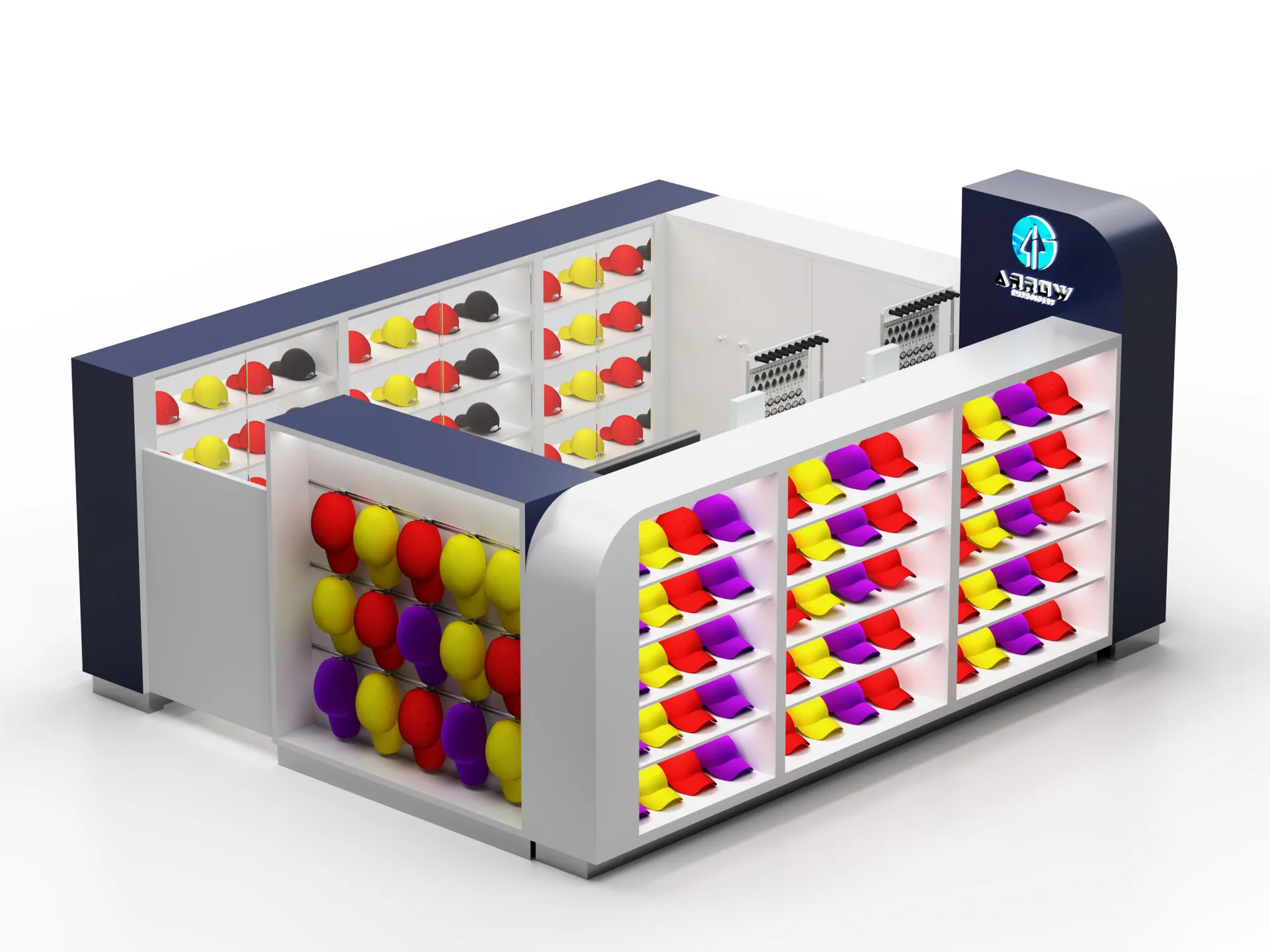 Custom Hat Kiosk – Compact, Strong, LED, Metal, Wood, Glass, Multi-Level, Adjustable, Storage, Embroidery Ready