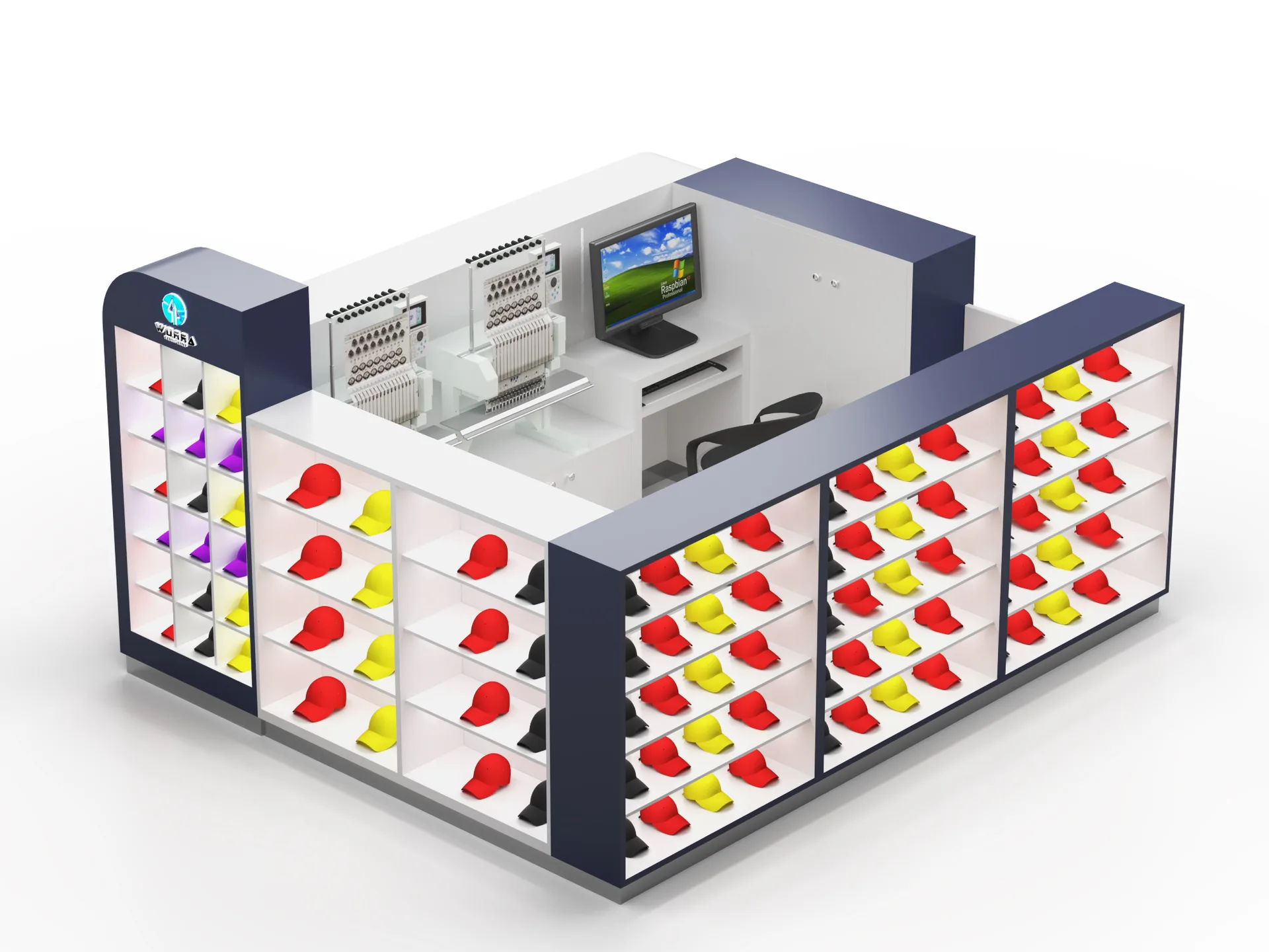 Custom Hat Kiosk – Compact, Strong, LED, Metal, Wood, Glass, Multi-Level, Adjustable, Storage, Embroidery Ready — view 2