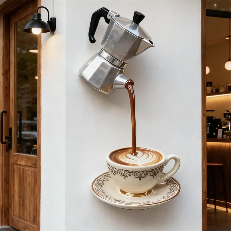 Custom Latte Art Fiberglass Sculpture, Moka Pot Coffee Pouring Fiberglass Statue for Cafe, Outdoor Wall Decor Fiberglass Decoration for Coff