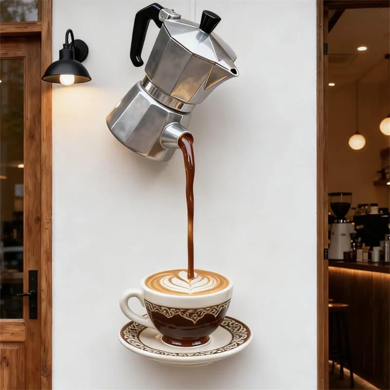 Custom Latte Art Fiberglass Sculpture, Moka Pot Coffee Pouring Fiberglass Statue for Cafe, Outdoor Wall Decor Fiberglass Decoration for Coff — view 2