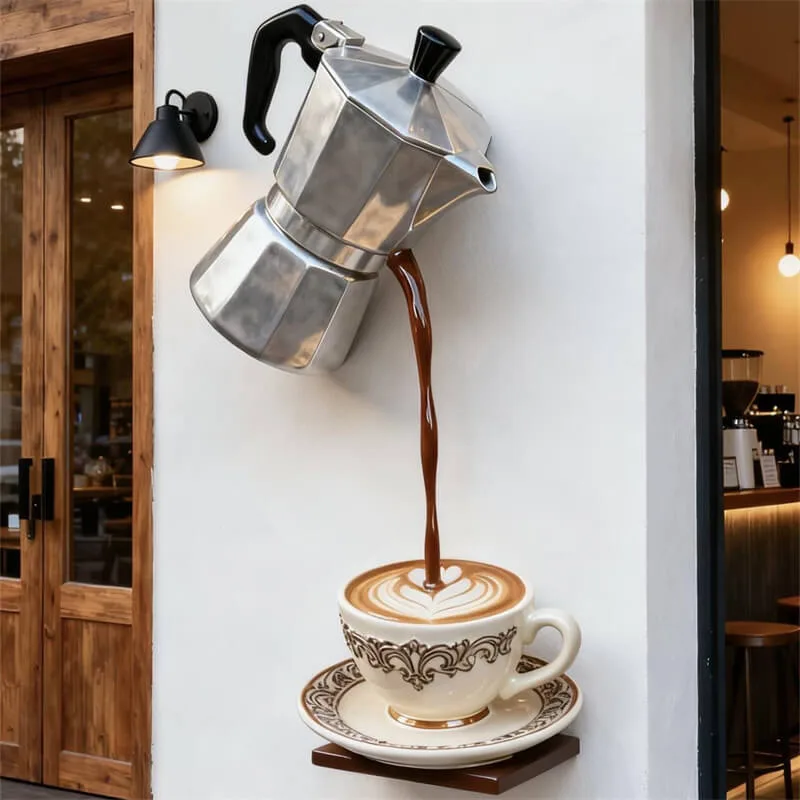 Custom Latte Art Fiberglass Sculpture, Moka Pot Coffee Pouring Fiberglass Statue for Cafe, Outdoor Wall Decor Fiberglass Decoration for Coff — view 4