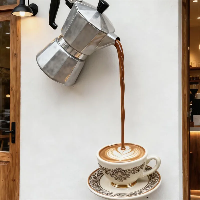 Custom Latte Art Fiberglass Sculpture, Moka Pot Coffee Pouring Fiberglass Statue for Cafe, Outdoor Wall Decor Fiberglass Decoration for Coff — view 3