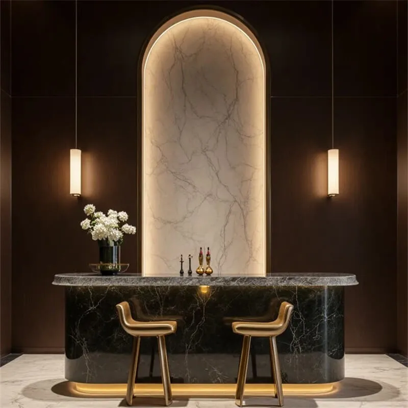 Custom Light Luxury Black White Marble Curved Bar Counter, Dual-Use Reception Bar Table For Sales Office, Beauty Salon, Villa & Clubhouse