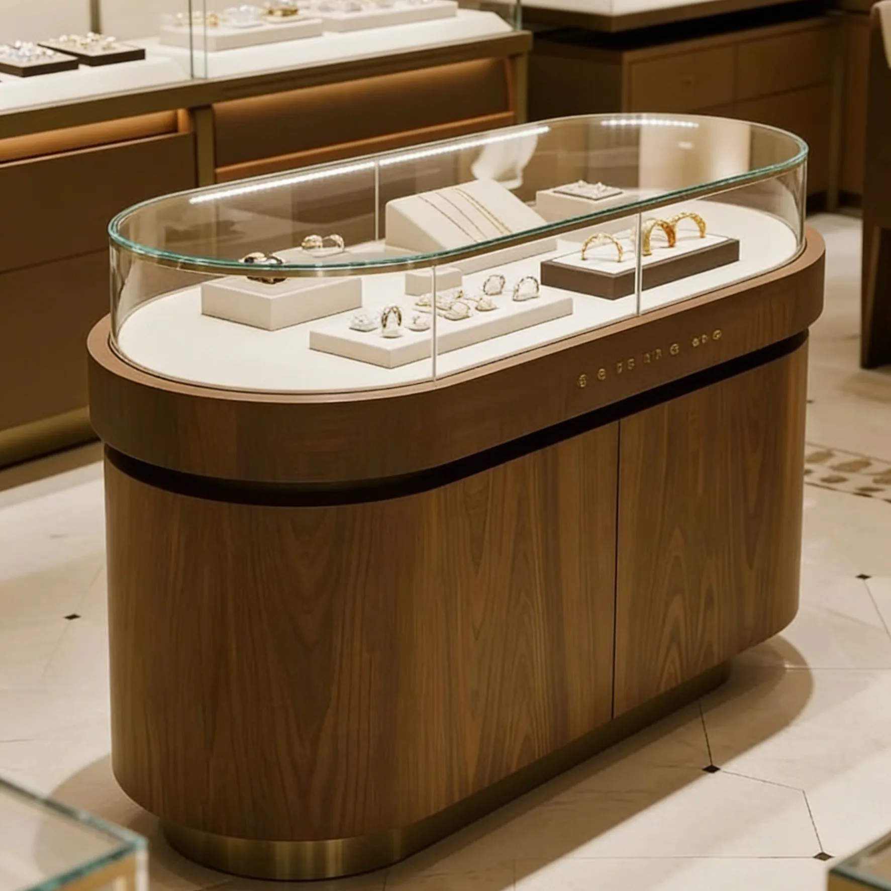 Custom Luxury Jewelry Display Case – Premium Tempered Glass & Wood Finish – Retail Showcase Cabinet for Rings, Necklaces & Fine Jewelry