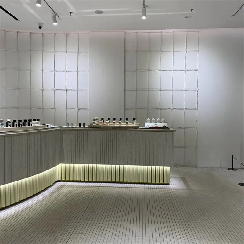 Custom Minimalist Curved LED Light Perfume Display Bar For Beauty Stores, Light Luxury Fluted Reception Counter — view 3