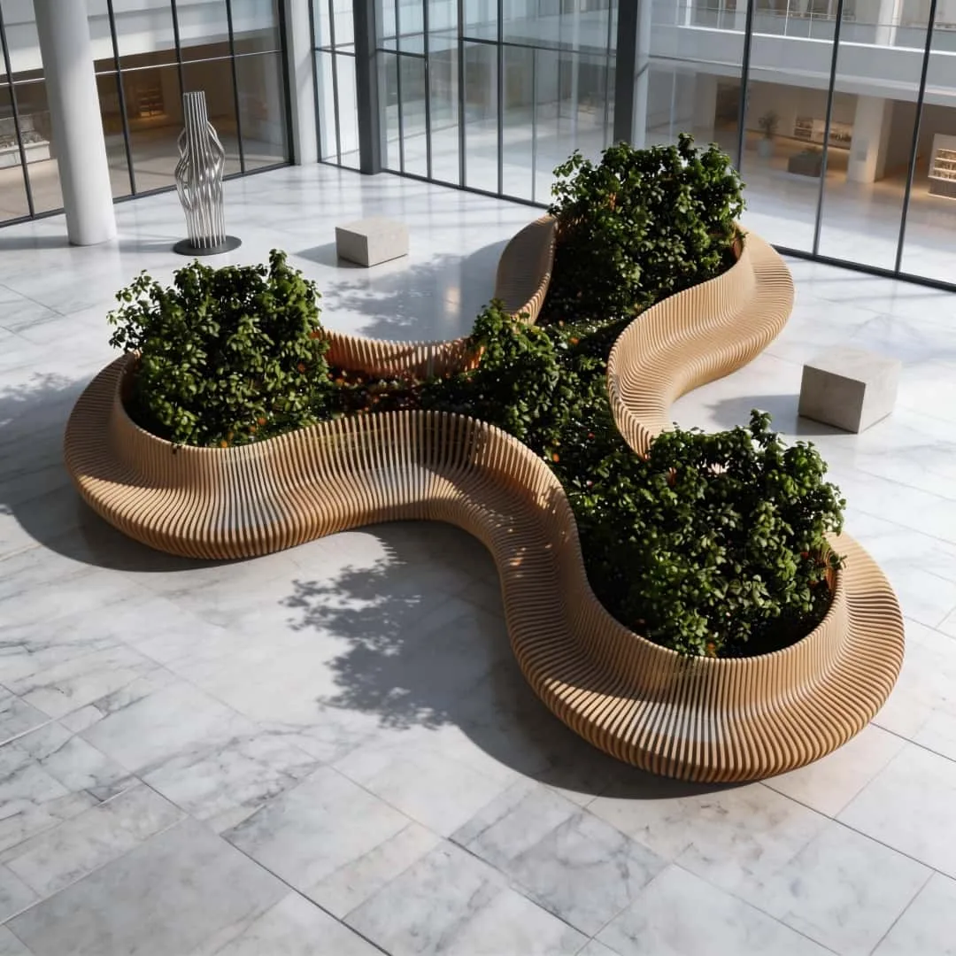 Custom Parametric Wave Wooden Planter Bench — view 5