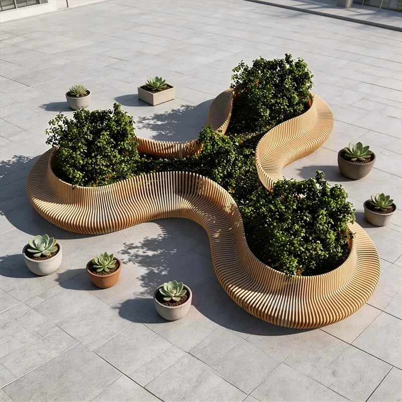 Custom Parametric Wave Wooden Planter Bench — view 3