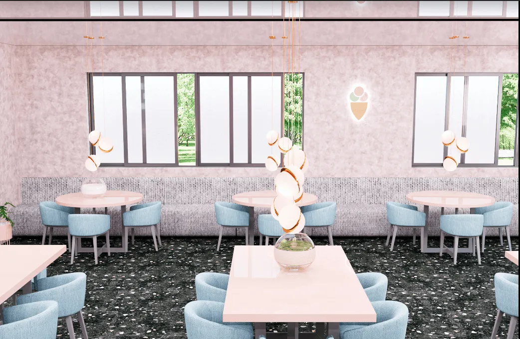 Custom Pastel Coffee Shop Counter Design | Pink Wall Bar with Blue Stools and Marble Floor — view 3