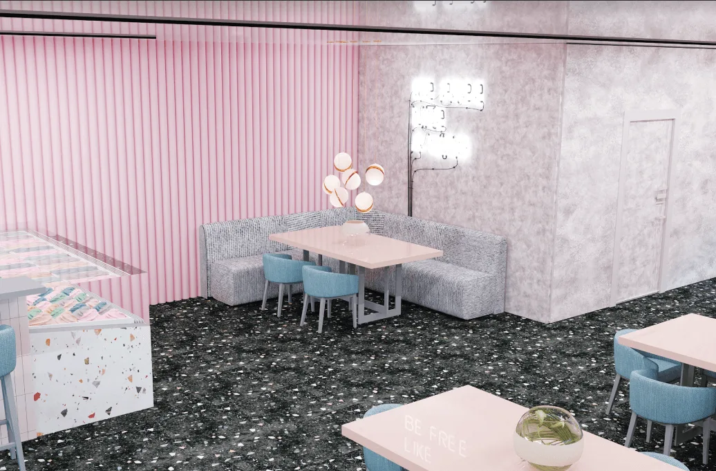 Custom Pastel Coffee Shop Counter Design | Pink Wall Bar with Blue Stools and Marble Floor — view 4